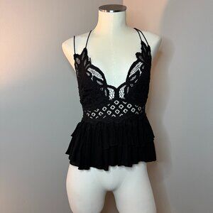 Free People Black Lace Peplum Tank Top Open Back Strappy Ruffle Hem Size M
